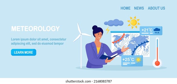 Weather forecast online. Presenter with atmospheric precipitation map on background. Weather broadcast. Woman presenting meteorology newscast. Meteorological television news and announcement