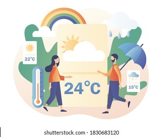 Weather forecast online. Sun, clouds, wind, thunderstorm,rain. Tiny people watching the weather forecast for the coming days. Meteorology science. Modern flat cartoon style. Vector illustration