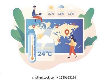 Weather forecast online. Sun, clouds, wind, thunderstorm,rain. Meteorologist studying and researching weather and climate condition. Meteorology science. Modern flat cartoon style. Vector illustration