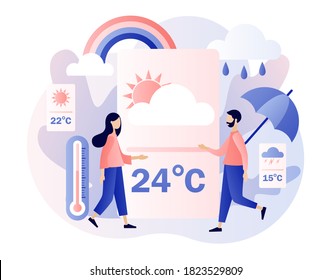 Weather forecast online. Tiny people watching the weather forecast for the coming days. Sun, clouds, wind, thunderstorm,rain. Meteorology science. Modern flat cartoon style. Vector illustration