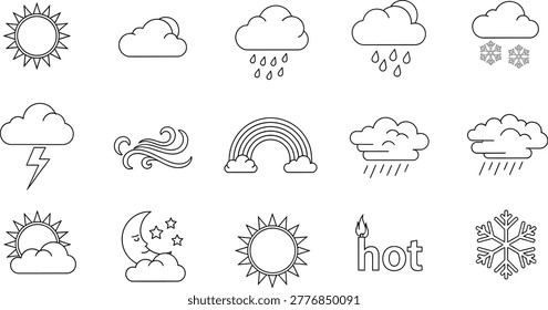 Weather forecast outline icons set with sun cloud rain snow wind