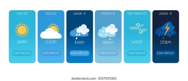 Weather forecast overview for various cities including Tunis, Tokyo, and London