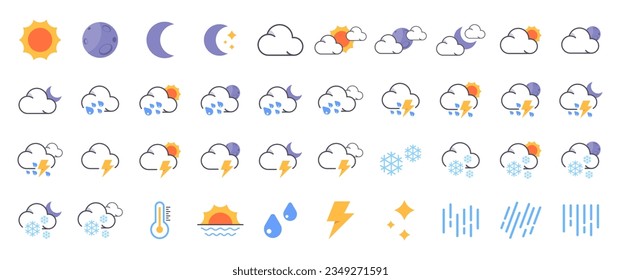 Weather forecast pack - weather forecast icons for web. weather icon set in outline and colored style, weather infographic elements