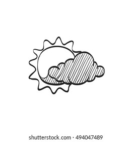 Weather forecast partly cloudy icon in doodle sketch lines. Meteorology overcast