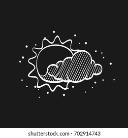Weather forecast partly cloudy icon in doodle sketch lines. Meteorology overcast