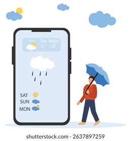 Weather forecast  people with big smartphone app screen. Man holding umbrella and looking at weather forecast on smartphone screen. vector illustration