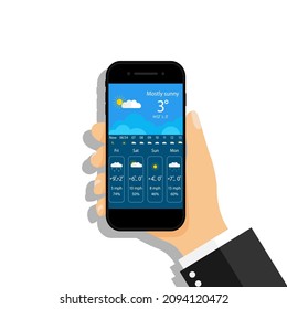 Weather forecast in phone. Weather widget with interface in smartphone screen. App in mobile phone with climate, temperature, rain, snow, cloud, sun. Hand holding cellphone with forecast. Vector.