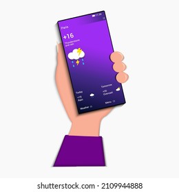 Weather forecast in phone. Weather widget with interface in smartphone screen. App in mobile phone with climate, temperature, rain, snow, cloud, sun. Hand holding cellphone with forecast. Vector.