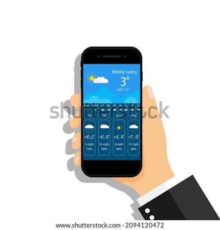 Weather forecast in phone. Weather widget with interface in smartphone screen. App in mobile phone with climate, temperature, rain, snow, cloud, sun. Hand holding cellphone with forecast. Vector.