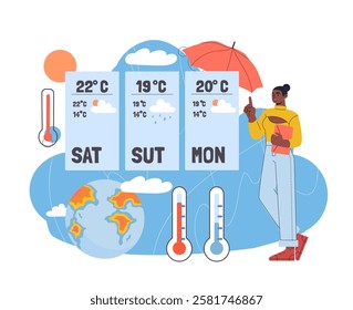 Weather forecast presenter. Woman near forecast on saturday, sunday and monday. Meteorological tv show anchor. Climate prediction. Poster or banner. Flat vector illustration