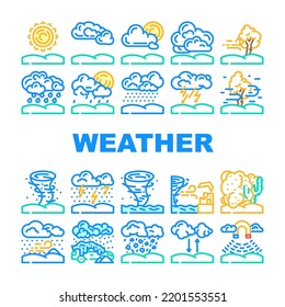 weather forecast rain sun cloud icons set vector. climate temperature, meteorology sky, sunny nature, storm wind, snow cold day weather forecast rain sun cloud color line illustrations