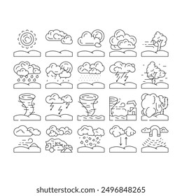 weather forecast rain sun cloud icons set vector. climate temperature, meteorology sky, sunny nature, storm wind, snow cold day weather forecast rain sun cloud black contour illustrations