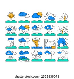 Predicción de Clima Predicción de Clima Predicción de lluvia Predicción de nubes de Vector Temperatura climática, meteorología del cielo, naturaleza soleada, viento de tormenta, nieve Día frío Predicción de lluvia Color de nubes de sol Ilustraciones de contorno