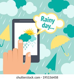 Weather forecast rainy day smart phone poster with clouds and umbrellas vector illustration