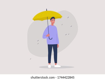 Weather forecast, rainy season, a young male character holding a yellow umbrella