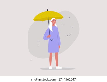 Weather forecast, rainy season, a young female character holding a yellow umbrella