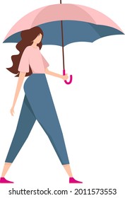 Weather forecast, rainy season, a young girl with a pink umbrella in her hands on a walk. Illustration of a character in different situations on a white background.