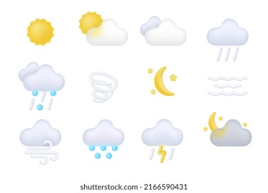 Weather forecast realistic 3d icon template collection vector illustration. Meteorology climate temperature element sun cloudy overcast thunderstorm rain wind night half moon snow nature season