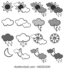 Weather forecast report icon set. Cartoon doodle hand draw vector design.
