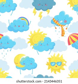 Weather forecast seamless pattern. Cloud, sun, rain, snow background, print, fabric, wallpaper design vector illustration