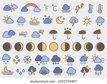 Weather forecast. Set of colored bright weather icons with stroke. Weather. Vector illustration. EPS 10.