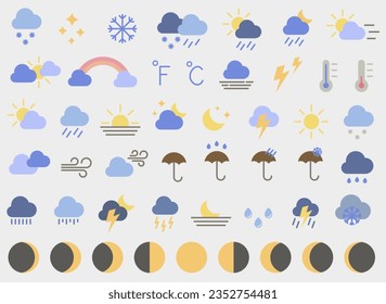 Predicción meteorológica. El clima. Conjunto de iconos de clima brillante de colores. Ilustración vectorial. EPS 10.