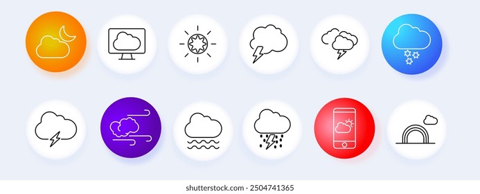 Weather forecast set icon. Cloud, moon, monitor, sun, lightning, snow, rain, wind, mobile app, temperature, storm, prediction, vector, graphic.