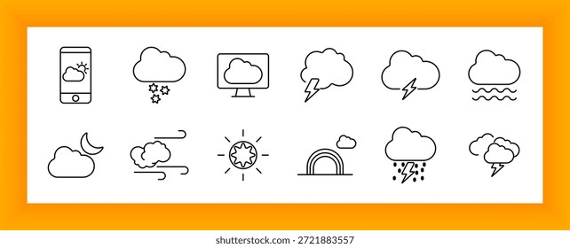 Icono de conjunto de previsión de Clima. Nubes, rayos, lluvia, nieve, arco iris, viento, sol, luna y teléfono inteligente con símbolos que se muestran en un simple contorno para la representación de la condición atmosférica.