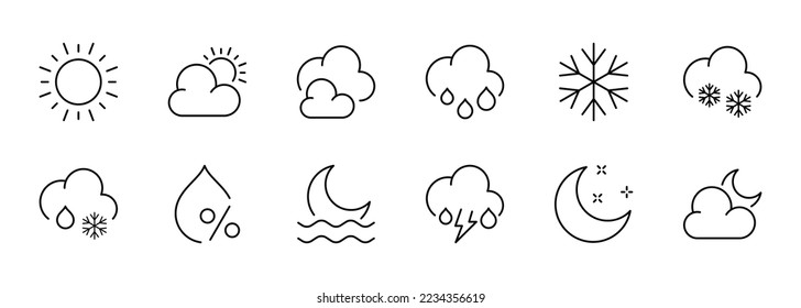 Wettervorhersagen setzen Symbol. Vorhersage, Nacht, Mond, Sterne, Wolke, Regen, Feuchtigkeit Prozentsatz, Himmel, Tropfen, Tag, Sonne, Blitz. Technologiekonzept. Vektorsymbol für feste Linie auf weißem Hintergrund