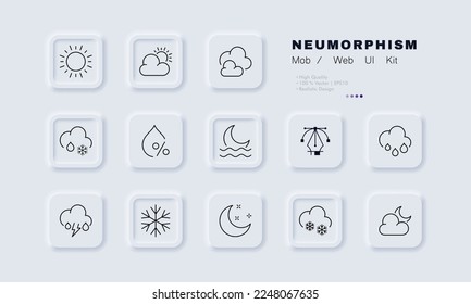 Weather forecast set icon. Predict, night, moon, stars, cloud, rain, sky, drop, day, sun, lightning. Technology concept. Neomorphism style. Vector illustration for business and advertising