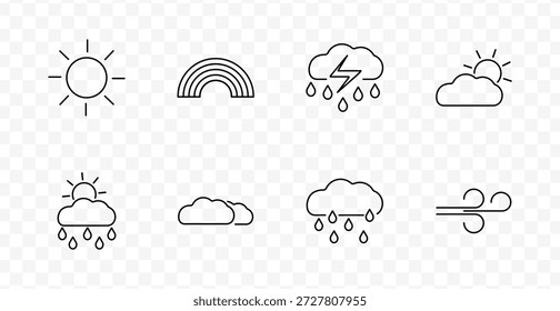 Icono de conjunto de previsión de Clima. Sol, arco iris, nube de tormenta, sol detrás de la nube, lluvia, doble nube, llovizna, viento en estilo de línea de meteorología.