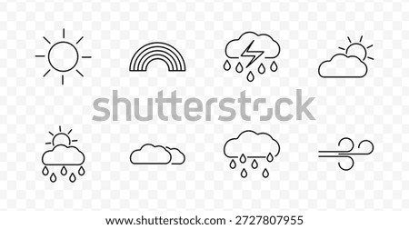 Weather forecast set icon. Sun, rainbow, storm cloud, sun behind cloud, rain, double cloud, drizzle, wind in meteorology line style.