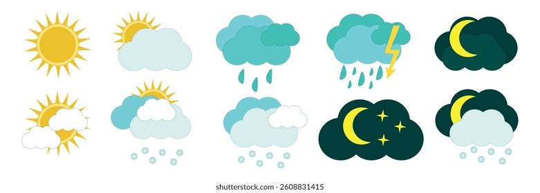 Weather forecast. Set of icons of different weather conditions. Icon of sun, clouds, rain, night and snow.