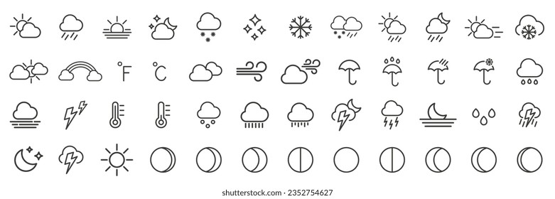 Weather forecast. Weather. Set of weather icons in linear style.  Vector illustration. EPS 10.