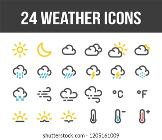 Weather forecast. Set of outline color weather icons. Vector