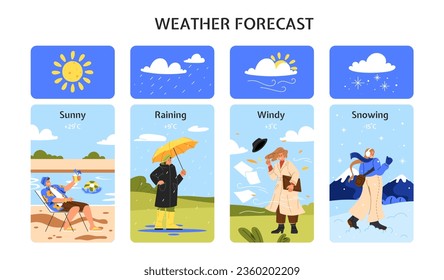 Previsión meteorológica. Carteles con gente soleada, lloviendo, nevando y ventosa. Escenarios de otoño, verano, primavera e invierno. Colección vectorial plana de dibujos animados aislada en fondo blanco