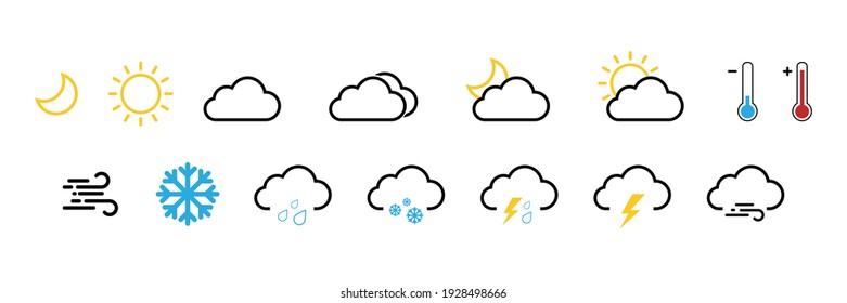 Weather forecast. Set of Weather vector line icons. Weather icons set isolated on a white background. Vector illustration