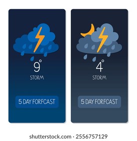 Weather forecast showing storm with rain and lightning for the next five days