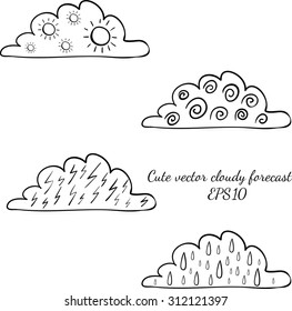 Weather forecast signs in clouds isolated on white background. Wind, rain, thunder, sun. Vector hand drawn illustration