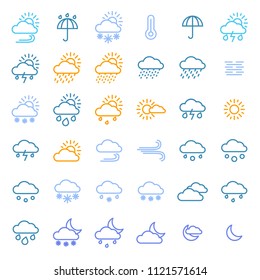 Weather Forecast Signs Color Thin Line Icon Set Include of Sun, Temperature, Storm, Cloud, Rain, Snow, Thunderstorm and Wind. Vector illustration