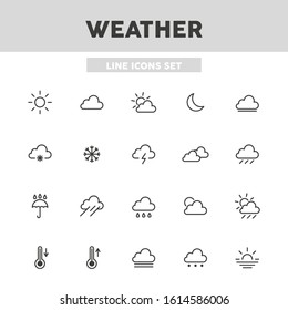 Weather, forecast simple set line icons. Clouds, sun, fog, rain, etc. Vector illustration symbol elements for web design.