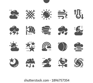 Weather forecast. Sky clarity and precipitation. Seasonal weather forecast, meteorological report. Cloudy, snow, rain, tornado and cyclone. Vector Solid Icons. Simple Pictogram