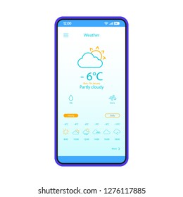 Weather forecast smartphone app interface vector template. Mobile application page blue design layout. Weather condition widget screen. Flat UI for application. Phone display