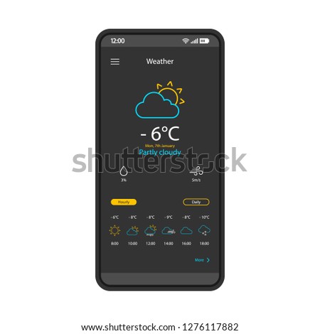 Weather forecast smartphone app interface vector template. Mobile application page black design layout. Weather condition widget screen. Flat UI for application. Phone display