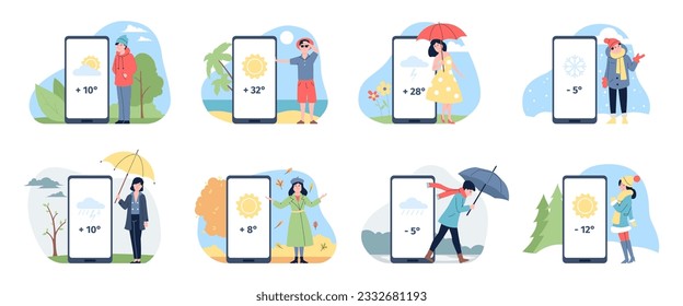 Aplicación para smartphone de pronóstico del tiempo. Personas en diferentes temporadas, verano, otoño de primavera e invierno. Días lluviosos y soleados, escena vector reciente