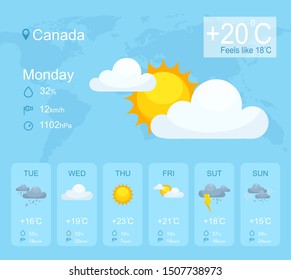 Weather forecast smartphone application vector template. Mobile app page blue interface. Weather condition sunny, rainy, cloudy thunderstorm day phone display. Week forecast information.