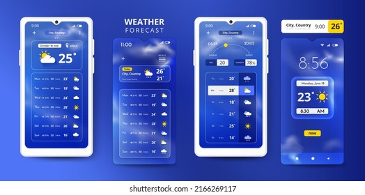 Weather Forecast Smartphone UI. Widget Interface With Graphic Of Sun, Rain Or Snow Icons. Atmosphere Temperature. Meteorology App. Hot Or Cold Climate. Vector Application Screens Set