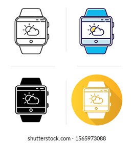 Weather Forecast Smartwatch Function Icon. Flat Design, Linear And Color Styles.Fitness Wristband Capability. Current State Of Atmosphere. Temperature, Humidity And Wind. Isolated Vector Illustrations