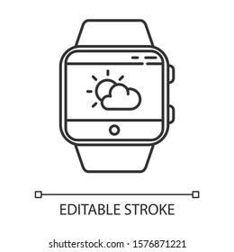 Weather Forecast Smartwatch Function Linear Icon. Current State Of Atmosphere. Temperature, Humidity And Wind. Thin Line Illustration. Contour Symbol. Vector Isolated Outline Drawing. Editable Stroke