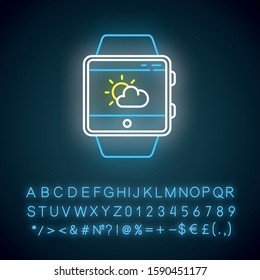 Weather Forecast Smartwatch Function Neon Light Icon. Current State Of Atmosphere.Temperature, Humidity And Wind. Glowing Sign With Alphabet, Numbers And Symbols. Vector Isolated Illustration